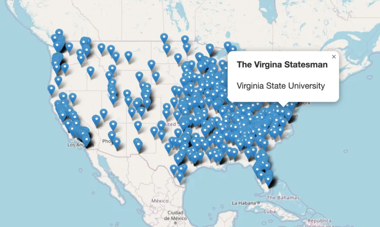 map of all student newspapers tracked by Center for Community News
