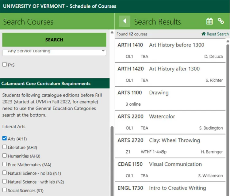Catamount Core Search Courses