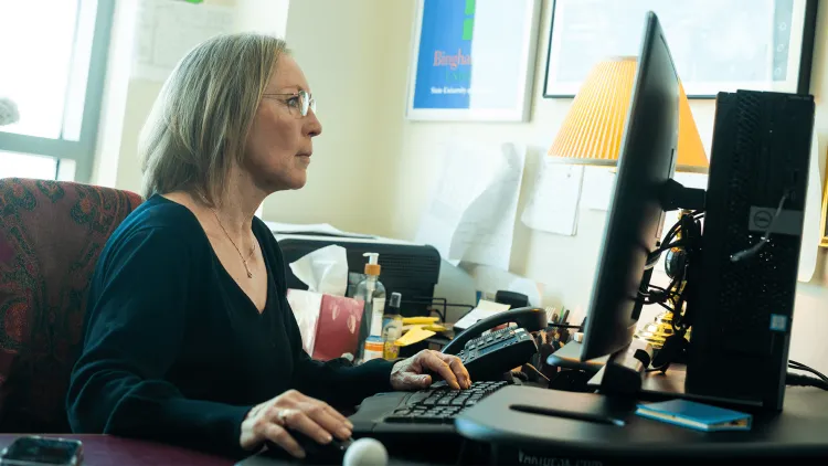 a person sitting at a desk in an office looking at a computer