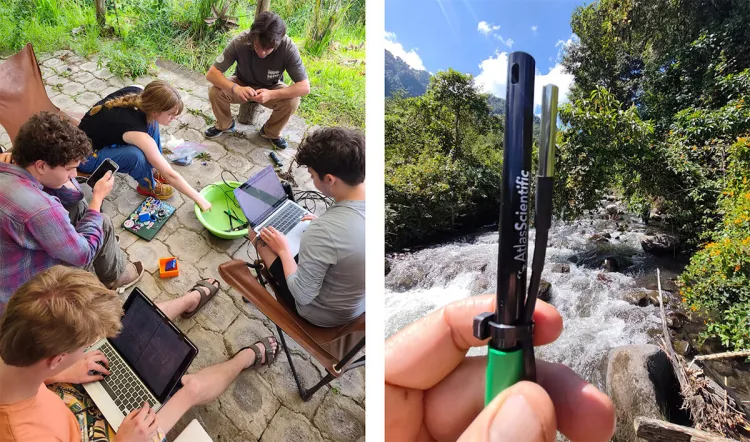 Left: The team works on some field engineering. Right: A close-up view of part of the water-monitoring station's sensor array.