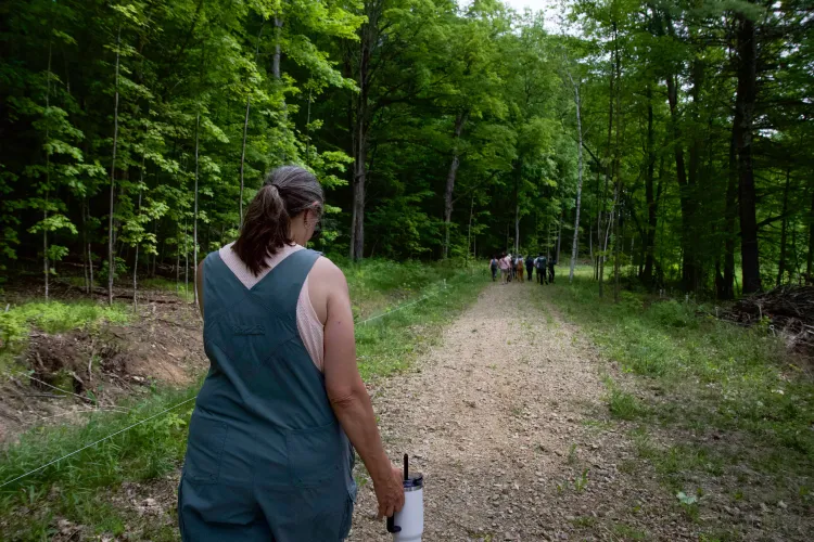 A view of the back of a person wearing overalls and carrying a water bottle while walking down a pebble-covered dirt road through trees.