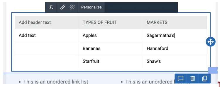 Screenshot of a partially filled HTML table in the emma newsletter platform