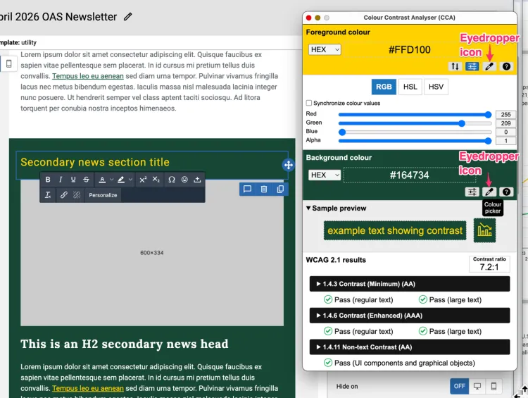 Screenshot of the emma newsletter tool with the TPGi Colour Contrast Analyser next to it, eyedroppers illustrated.