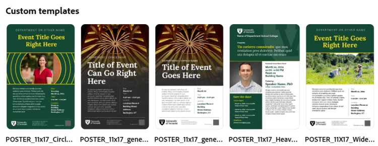 a row of 5 different poster designs with mocked up images and text