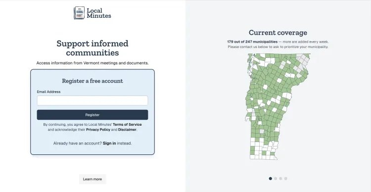 A screenshot of a website that's called "local minutes" and that shows a place to put in your email and a map with the outlines of town boundaries, many of them highlighted in green.