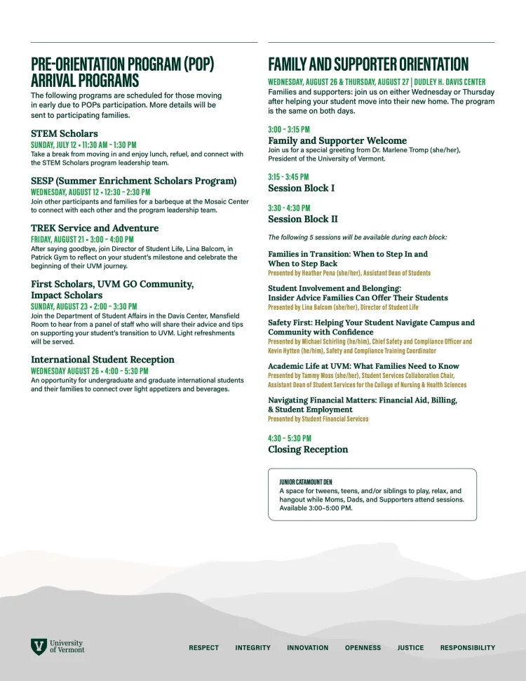 Pre-Orientation Arrival Programs & Family and Supporter Orientation