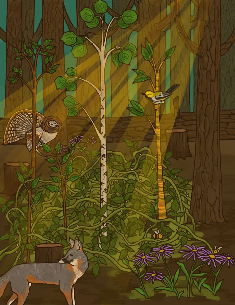light lighting the forest floor with a variety of wildlife species