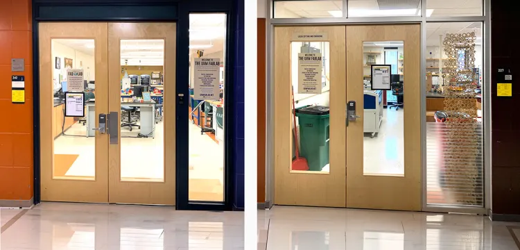 Image showing the entrances of two lab spaces divided in the middle.