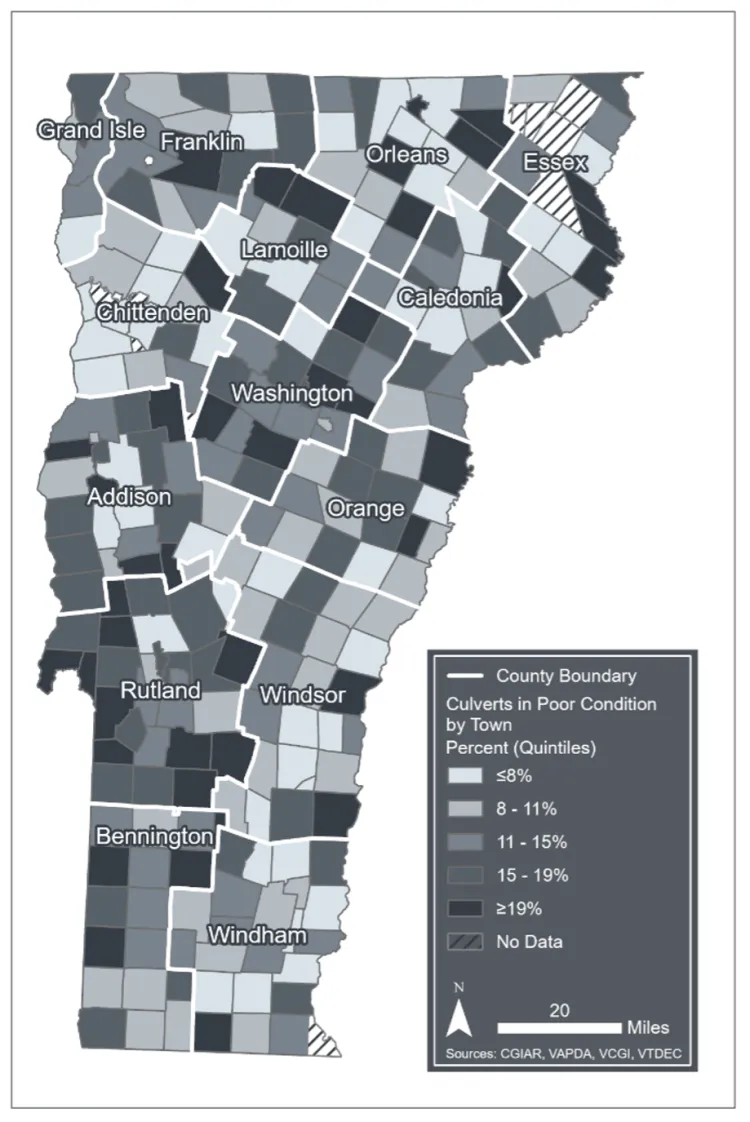 A gray scale map showing town boundaries in Vermont. Each polygon is colored according to the proportion of culverts in poor condition by quintiles (<8%, 8-11%, 11-15%, 15-19%, >19%). Towns colored for the highest proportion of culverts in poor condition tend to be concentrated in Rutland and Washington Counties, whereas Chittenden County has more towns colored for a low proportion of culverts in poor condition.