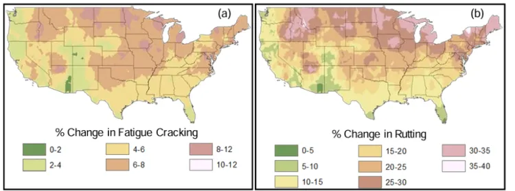 Two maps of the U.S. showing state boundaries colored based on A) percent change in fatigue cracking ranging from 0-2 to 10-12% and B) percent change in rutting ranging from 0-5 to 35-40%. The greatest changes are concentrated in areas further North or more mountainous.