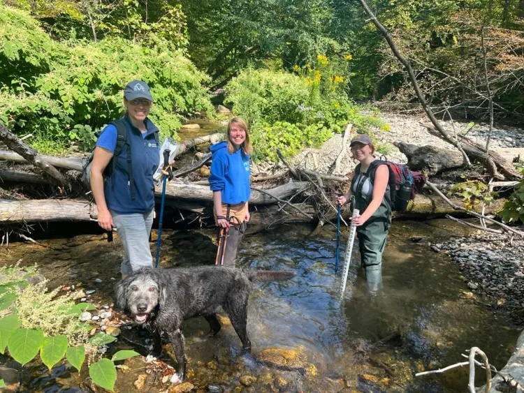 Three people and a dog stand in a stream.