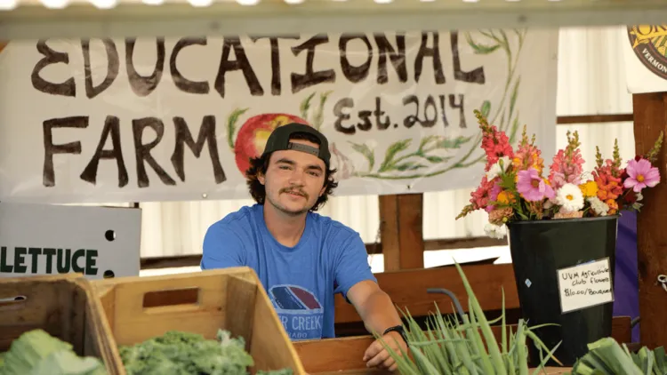 A man sitting at a farm stand