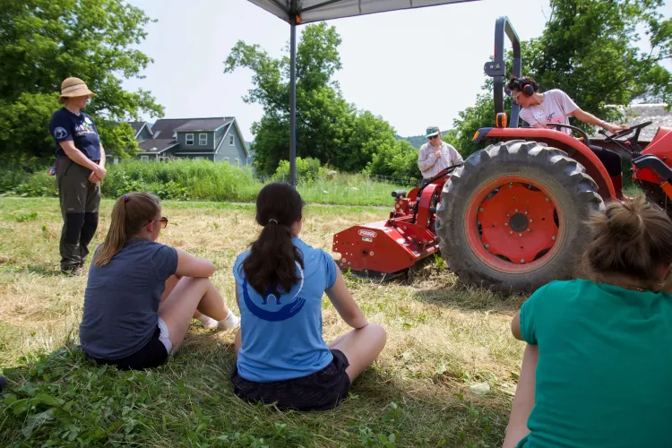 Four people, three sitting on the ground and another standing, watch as a woman in a pink shirt backs up an orange tractor and a femme person directs from the background. The scene is a sunny, summer day with green trees and grass.. 
