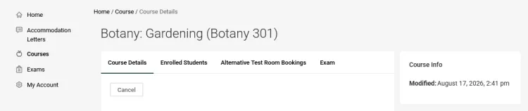 Course Catalog, Alternative Test Room Bookings tab.