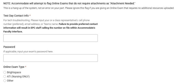 Online exam type radio buttons, Brightspace, ATI (nursing only), Other.