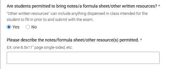 Student-provided Notes/Formula Sheets radio buttons, yes or no