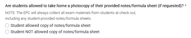 Are Students Allowed a Copy of their Notes radio buttons, allowed or NOT allowed