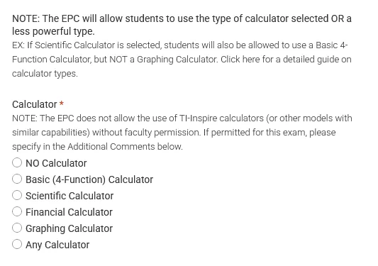Calculator/Other Materials radio buttons, No calculator, basic, scientific, financial, graphing, any.