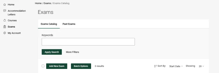 Exams webpage, Exams Catalog tab selected