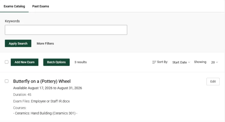 Exams catalog, courses listed, Butterfly ona a (Pottery) Wheel.