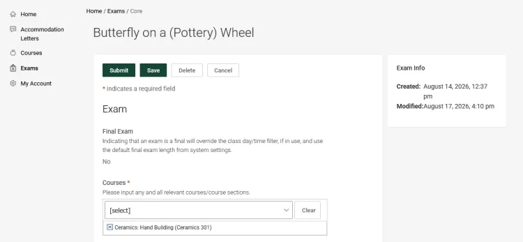 Edit an exam interface. Submit, Save, Delete, Cancel buttons.