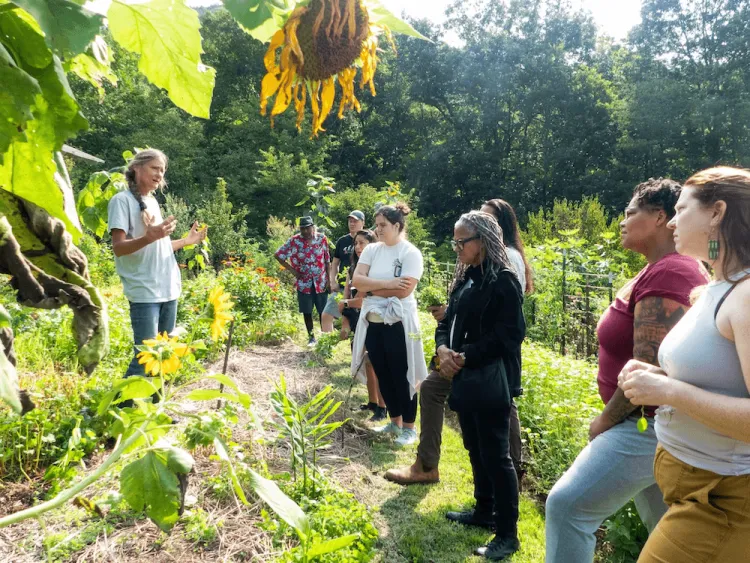 People gather in a farm while a person instructs