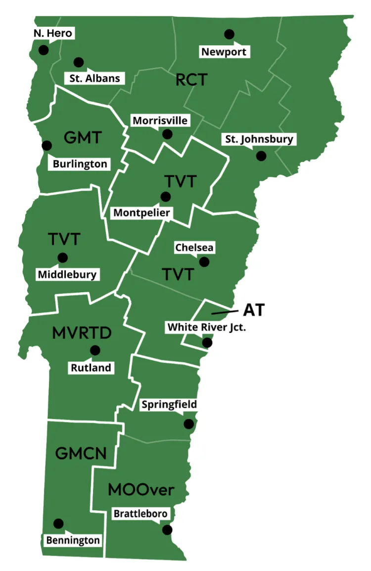 Map of Vermont shows the major transportation provider for each county.