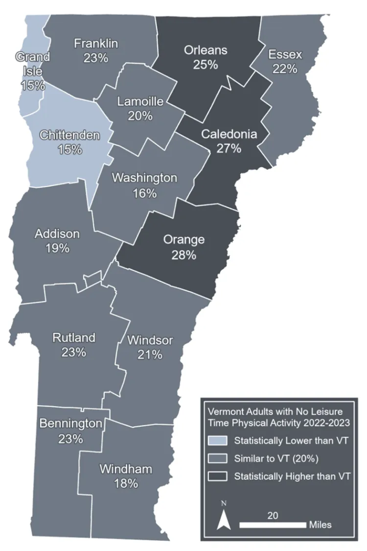 A map of Vermont showing the proportion of Vermont adults in each county with no physical activity during their leisure time, proportion is indicated in gray scale. 