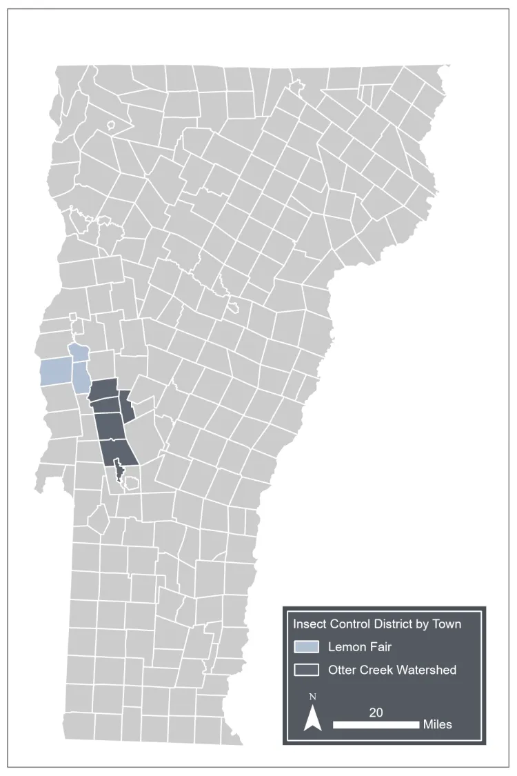 A map of Vermont with two different colored areas. Colors show the different areas that are in Vermont’s two mosquito control districts. They are both located in central Vermont on the western side.