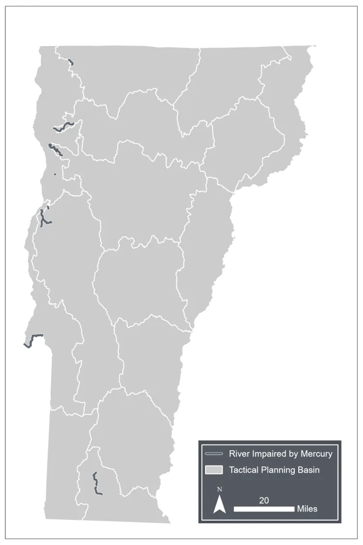 A map of the state of Vermont with the tactical planning basins indicated. Rivers impaired by mercury are indicated.