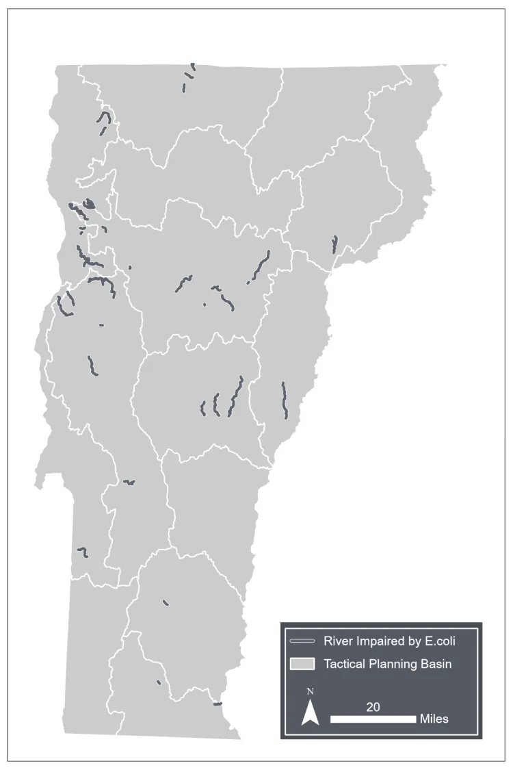 Map of Vermont by tactical planning basin. Rivers impaired by E. coli are highlighted and are located throughout Vermont but especially in the Northwest corner and central eastern side.