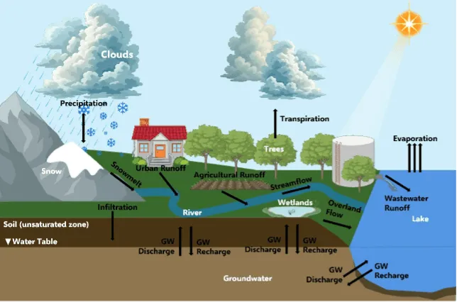 Illustrated diagram of the water cycle displaying graphics of reservoirs—clouds, wetlands, river, lake, snow, soil, and groundwater pools—with labels in white text and fluxes—precipitation, overland flow, snowmelt, streamflow, runoff, infiltration, groundwater  recharge and discharge, transpiration, and evaporation—with labels in black text.