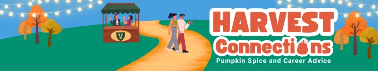 Banner design for Harvest Connections fall setting people sitting at a booth conversing, and another couple walking down a path conversing