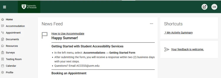 Accommodate homepage, Testing Room on the left hand menu.