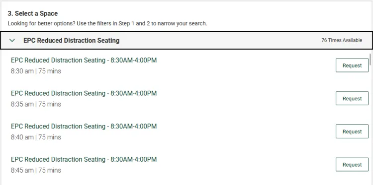 select a space interface, first option expanded with times available by clicking the Request button.