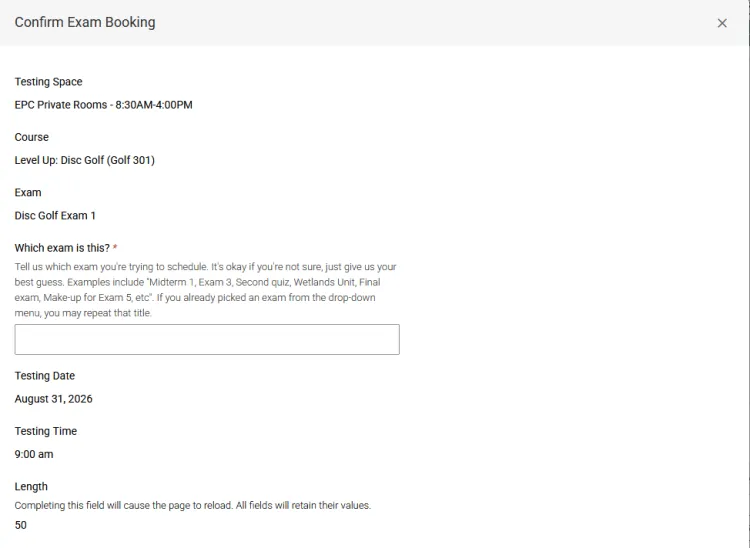 confirm exam booking, listing exam info: Testing sapce, Course, Exam, Which Exam is this?,  Date, Time.