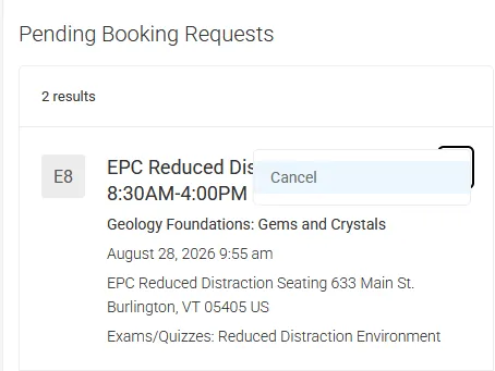 Pending booking request, Course and exam info listed with Cancel button to the right.