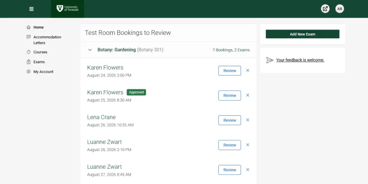 Test room bookings to reivew webpage, Botany: Gardening course selected with student names below.