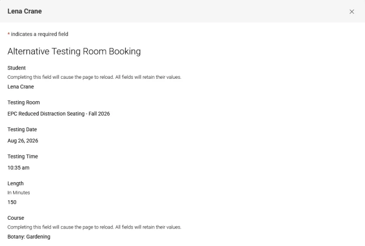 Review page for sample student. Listing student name, testing room, testing date, testing time, length and coourse.