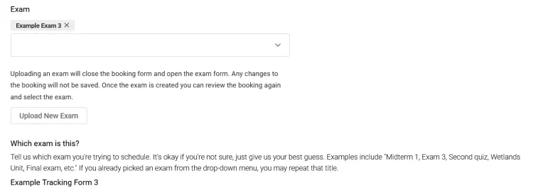 alternative testing room booking page, Exam section, "example exam 3" with a drop down box and an upload new exam button.