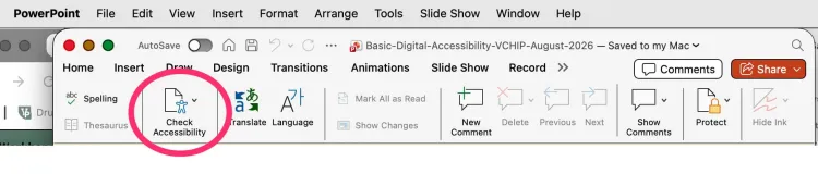 Screenshot of the Powerpoint Review ribbon, with the accessibility checker button highlighted
