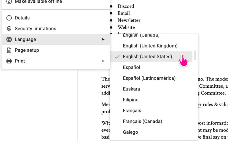 Screenshot of the Google Docs language-setting panel