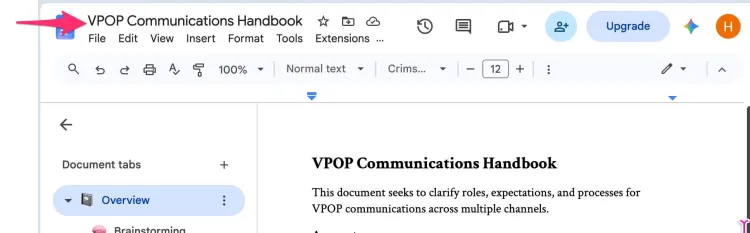 Screenshot of a Google Doc with title higlighted
