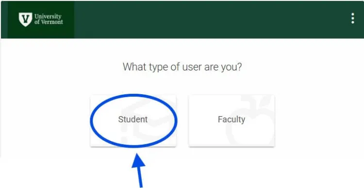 Question: What type of user are you? Two option buttons Student and Faculty. Circle around the Student button.