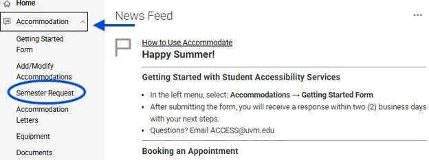 Left hand menu of accommodate homepage. Under Accommodation heading, Semester Request is circled
