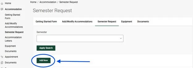 Semester Request webpage with the Add New button circled.