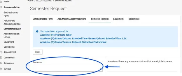 Semester Request webpage with the Semester drop down list circled and an arrow pointing to it.