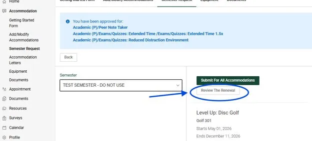 Semester Request webpage, bottom right side of the page, Review the Renewal button circled with an arrow pointing to it.