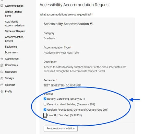 Accessibility Accommodation Request page, bottom of the page, circle around Courses heading and check boxes for each course below.