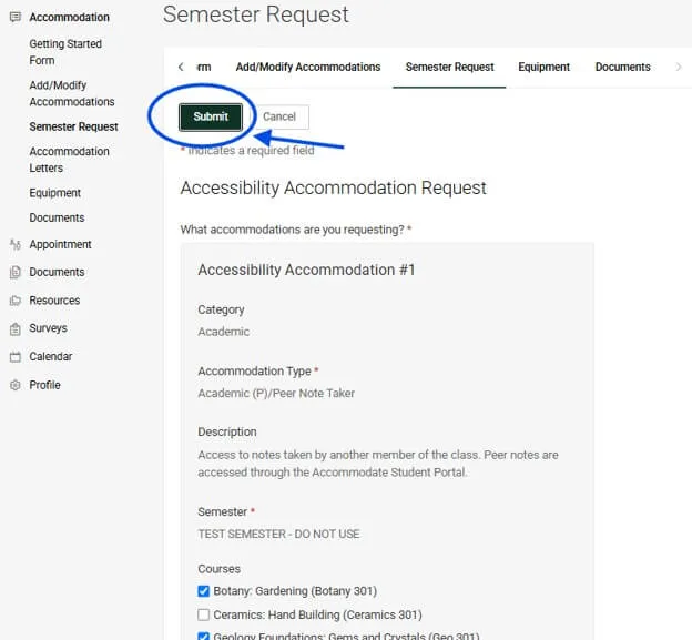 Semester Request webpage, Submit botton circled with an arrow pointing to it.
